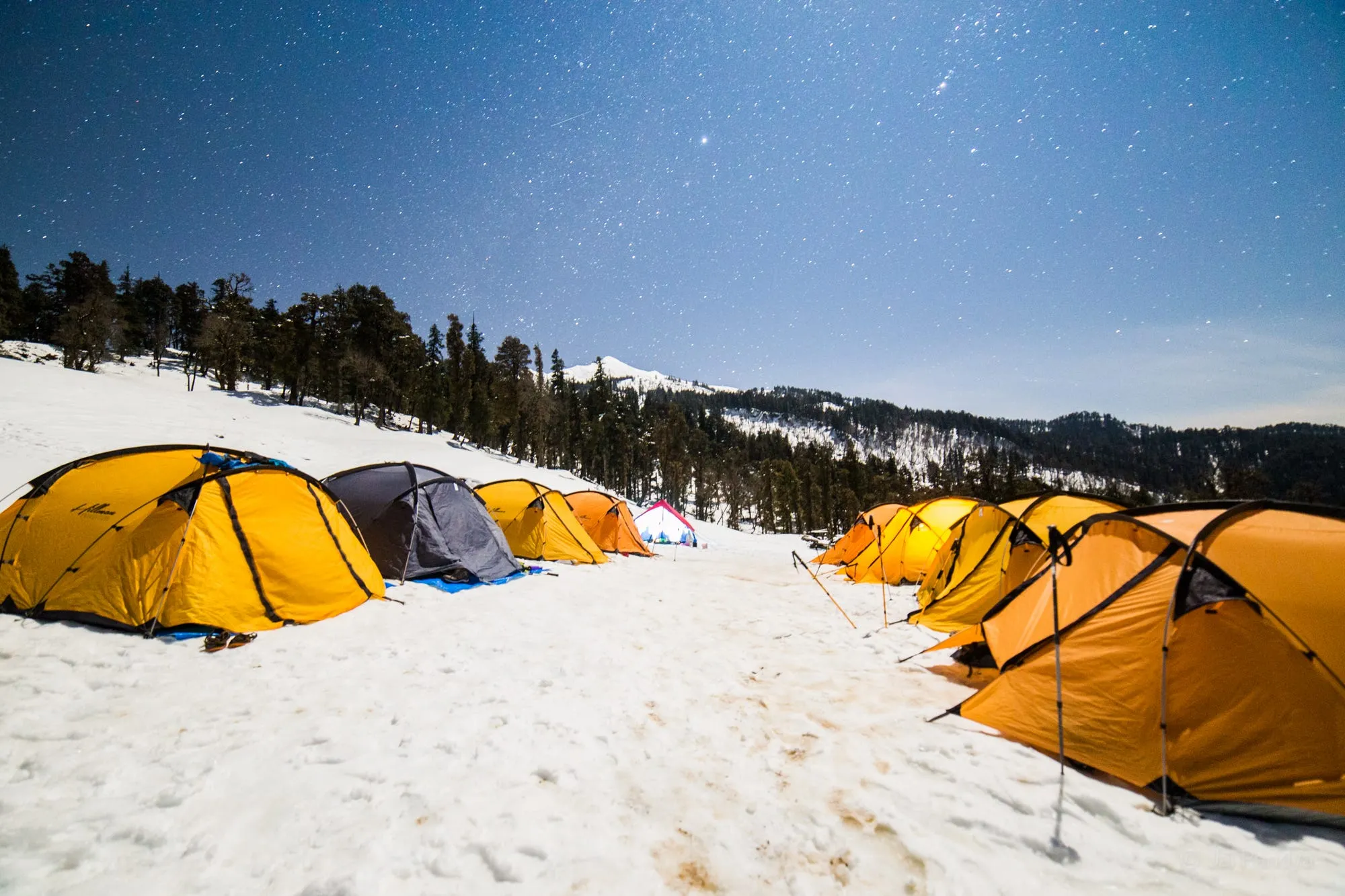 Campsite under starry sky in snow