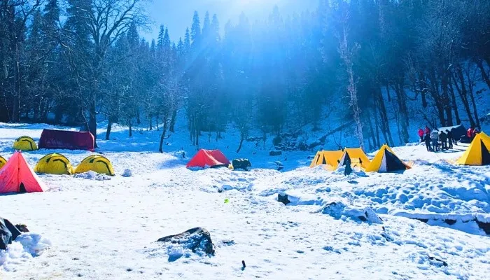 Colorful tents at snowy basecamp