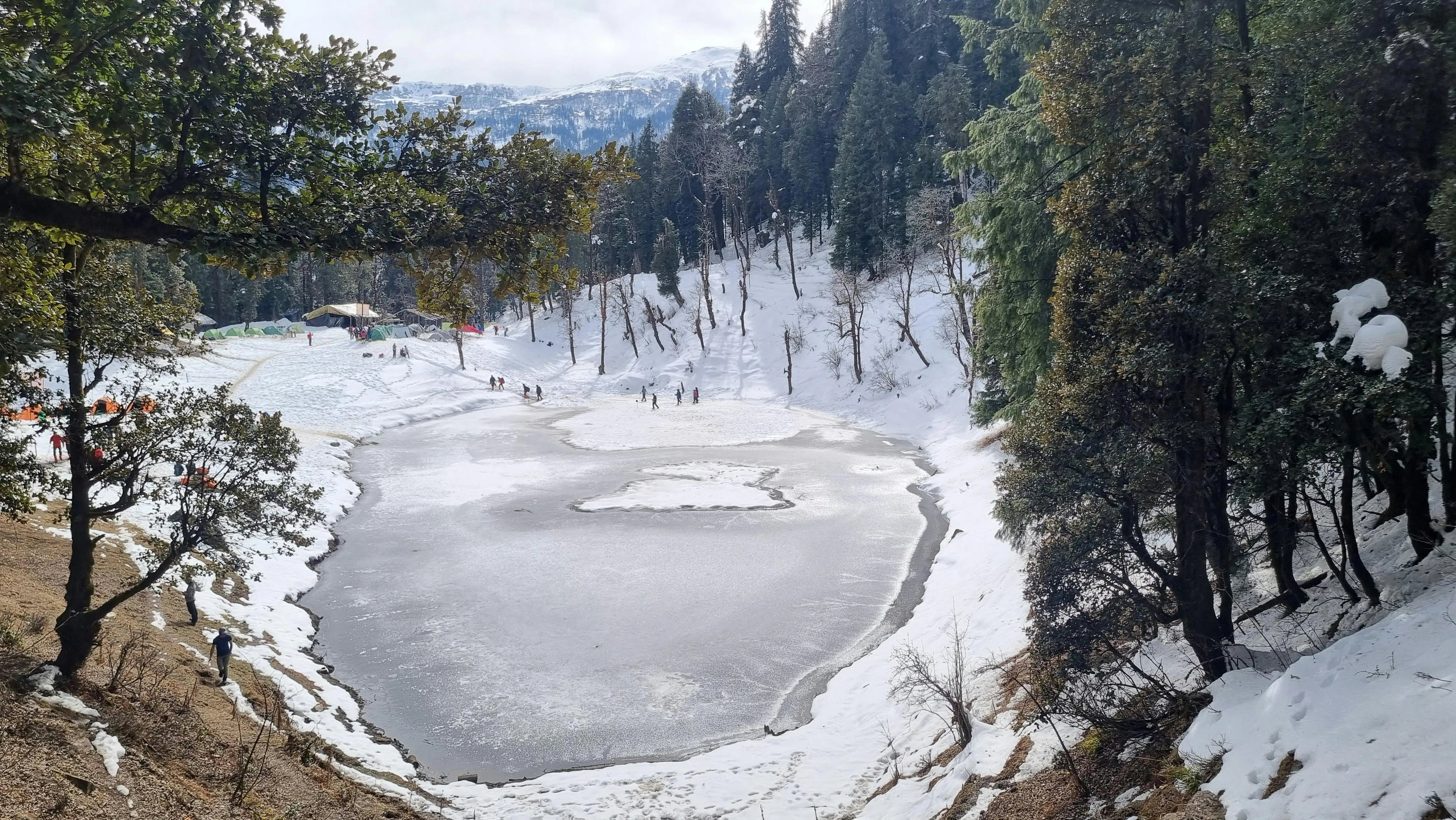 Frozen Juda Ka Talab lake surrounded by pines